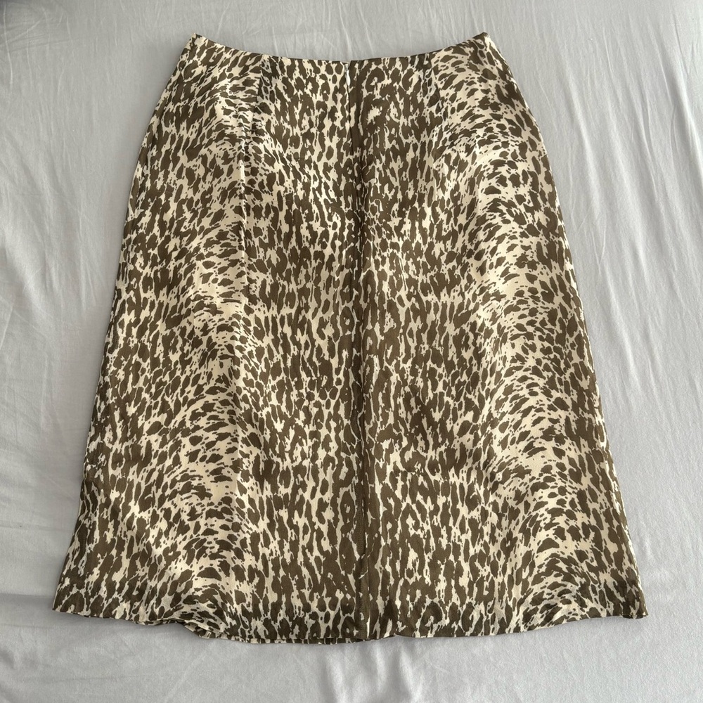 J.Crew cream and light green cheetah pattern midi skirt.